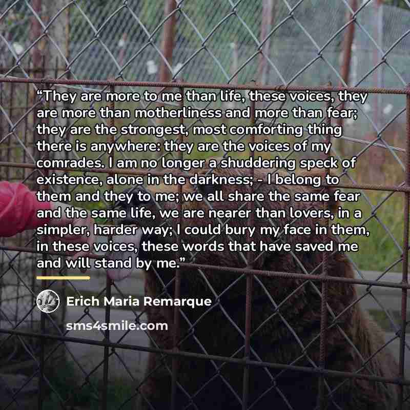 “They are more to me than life, these voices, they are more than motherliness and more than fear; they are the strongest, most comforting thing there is anywhere: they are the voices of my comrades. I am no longer a shuddering speck of existence, alone in the darkness; - I belong to them and they…” quote by Erich Maria Remarque