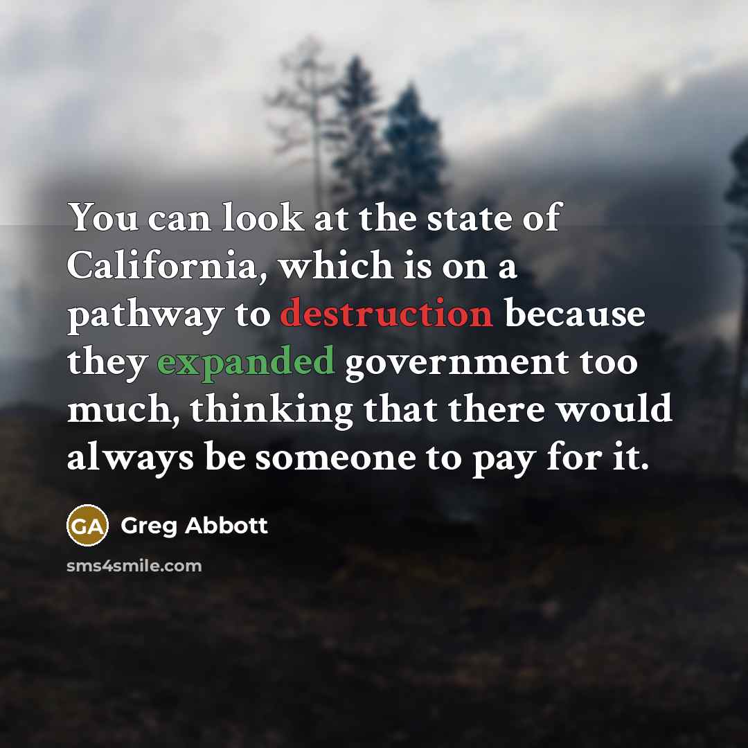 “You can look at the state of California, which is on a pathway to destruction because they expanded government too much, thinking that there would always be someone to pay for it.” quote by Greg Abbott