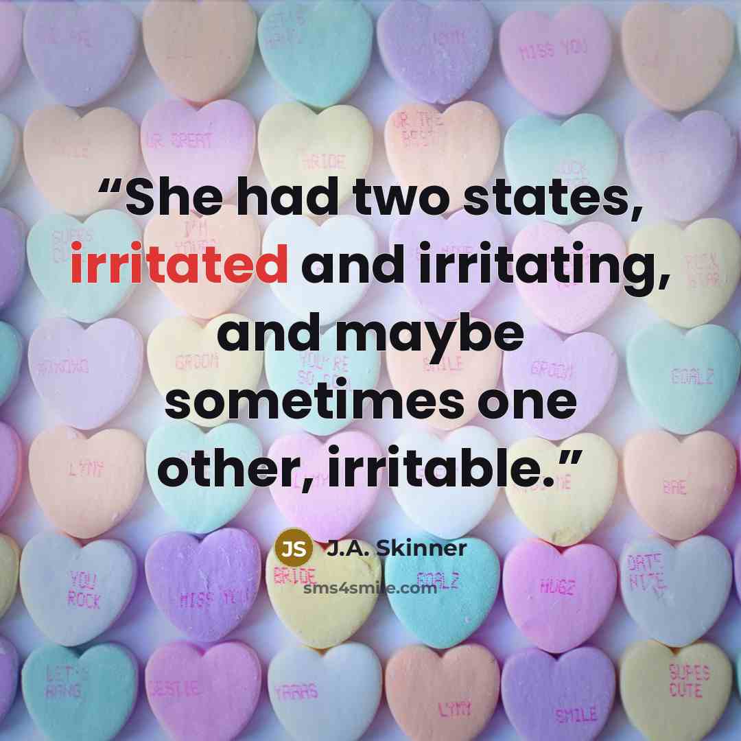 “She had two states, irritated and irritating, and maybe sometimes one other, irritable.” quote by J.A. Skinner