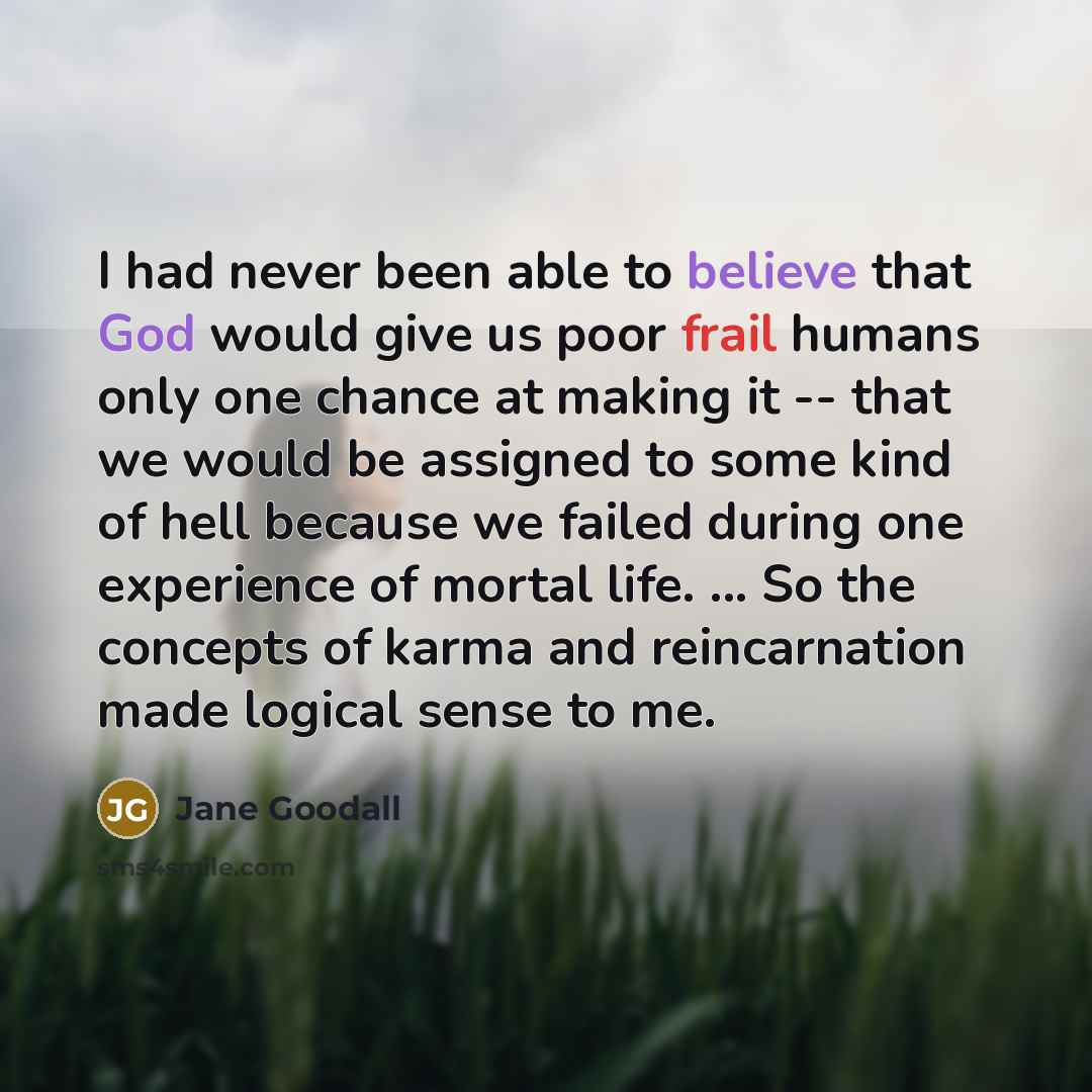 “I had never been able to believe that God would give us poor frail humans only one chance at making it -- that we would be assigned to some kind of hell because we failed during one experience of mortal life. ... So the concepts of karma and reincarnation made logical sense to me.” quote by Jane Goodall