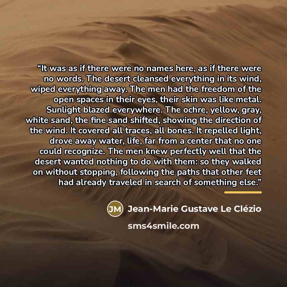 “It was as if there were no names here, as if there were no words. The desert cleansed everything in its wind, wiped everything away. The men had the freedom of the open spaces in their eyes, their skin was like metal. Sunlight blazed everywhere. The ochre, yellow, gray, white sand, the fine sand…” quote by Jean-Marie Gustave Le Clézio