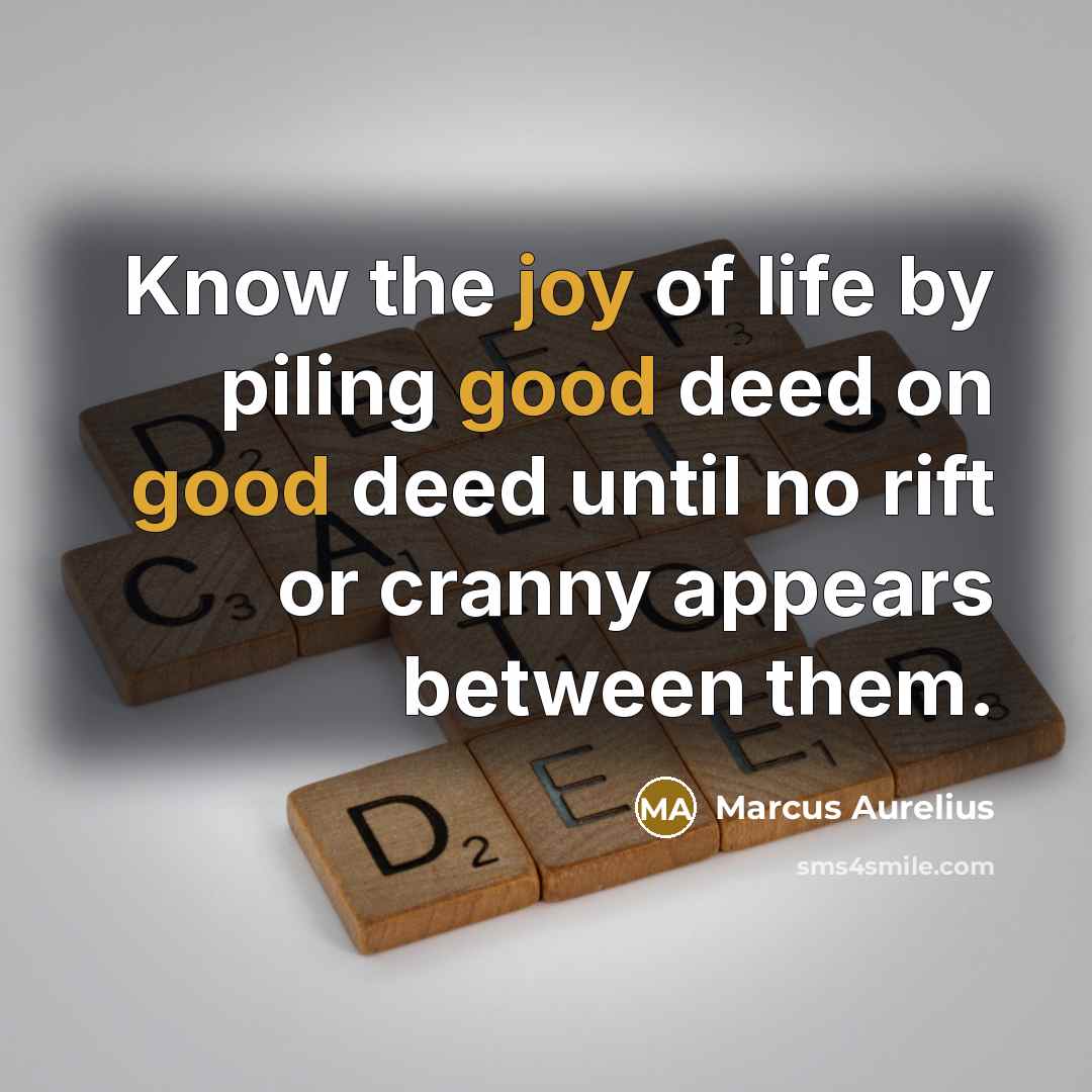 “Know the joy of life by piling good deed on good deed until no rift or cranny appears between them.” quote by Marcus Aurelius