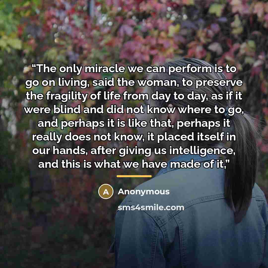 “The only miracle we can perform is to go on living, said the woman, to preserve the fragility of life from day to day, as if it were blind and did not know where to go, and perhaps it is like that, perhaps it really does not know, it placed itself in our hands, after giving us intelligence, and…” quote by Anonymous