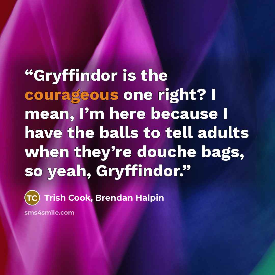 “Gryffindor is the courageous one right? I mean, I’m here because I have the balls to tell adults when they’re douche bags, so yeah, Gryffindor.” quote by Trish Cook, Brendan Halpin
