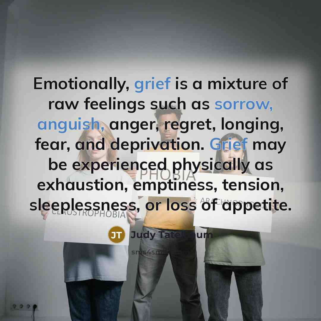 “Emotionally, grief is a mixture of raw feelings such as sorrow, anguish, anger, regret, longing, fear, and deprivation. Grief may be experienced physically as exhaustion, emptiness, tension, sleeplessness, or loss of appetite.” quote by Judy Tatelbaum