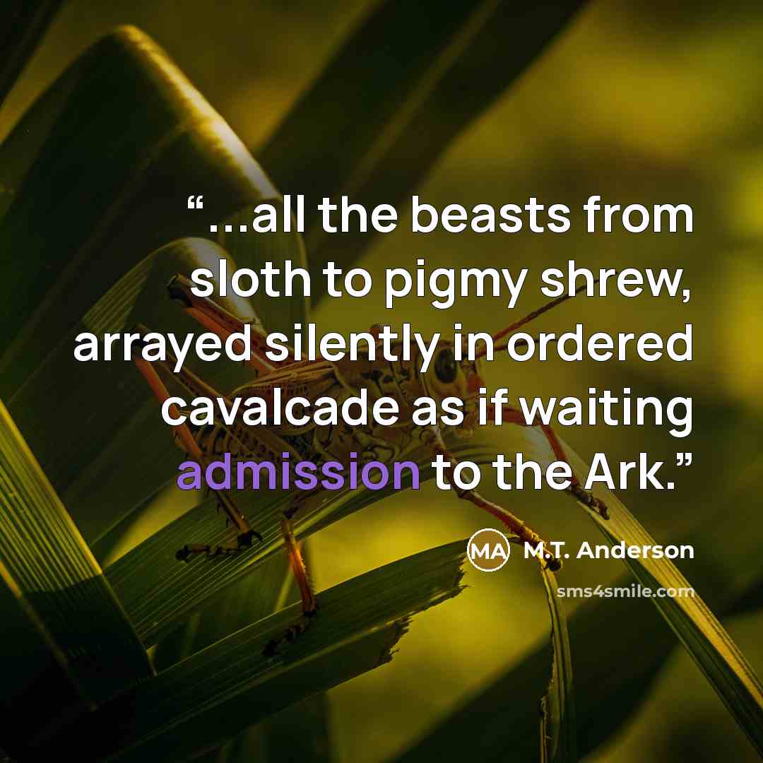 “...all the beasts from sloth to pigmy shrew, arrayed silently in ordered cavalcade as if waiting admission to the Ark.” quote by M.T. Anderson
