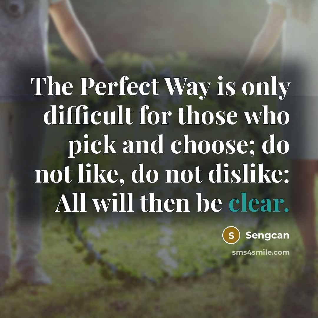 “The Perfect Way is only difficult for those who pick and choose; do not like, do not dislike: All will then be clear.” quote by Sengcan