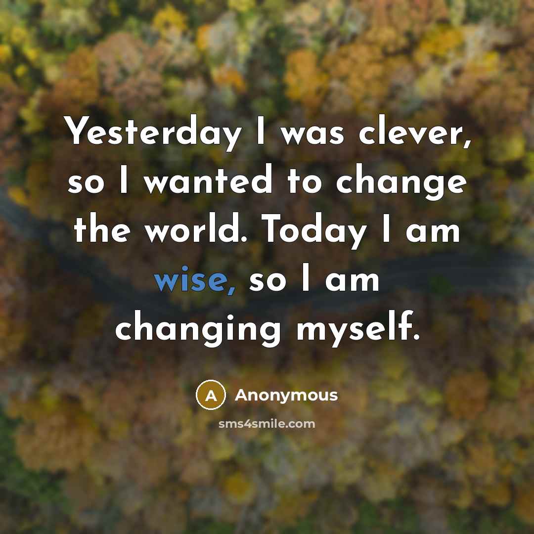 “Yesterday I was clever, so I wanted to change the world. Today I am wise, so I am changing myself.” quote by Anonymous
