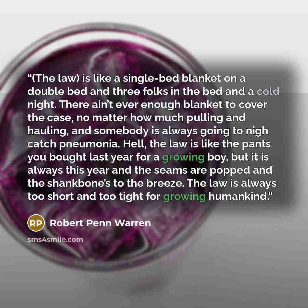 “(The law) is like a single-bed blanket on a double bed and three folks in the bed and a cold night. There ain’t ever enough blanket to cover the case, no matter how much pulling and hauling, and somebody is always going to nigh catch pneumonia. Hell, the law is like the pants you bought last year…” quote by Robert Penn Warren