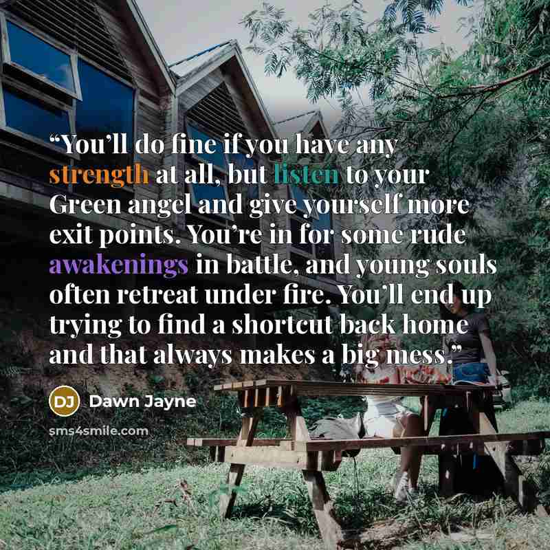 “You’ll do fine if you have any strength at all, but listen to your Green angel and give yourself more exit points. You’re in for some rude awakenings in battle, and young souls often retreat under fire. You’ll end up trying to find a shortcut back home and that always makes a big mess.” quote by Dawn Jayne