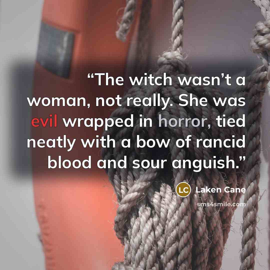 “The witch wasn’t a woman, not really. She was evil wrapped in horror, tied neatly with a bow of rancid blood and sour anguish.” quote by Laken Cane