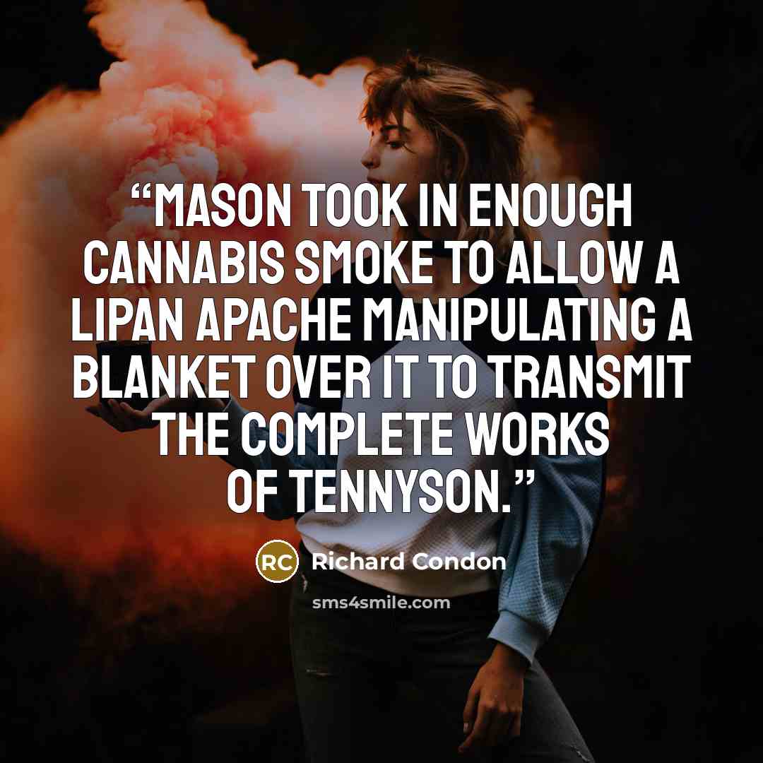 “Mason took in enough cannabis smoke to allow a Lipan Apache manipulating a blanket over it to transmit the complete works of Tennyson.” quote by Richard Condon