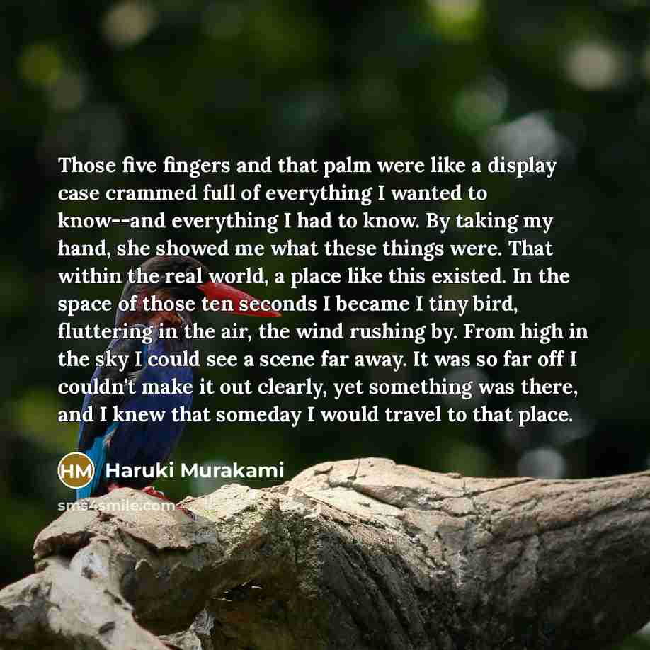 “Those five fingers and that palm were like a display case crammed full of everything I wanted to know--and everything I had to know. By taking my hand, she showed me what these things were. That within the real world, a place like this existed. In the space of those ten seconds I became I tiny…” quote by Haruki Murakami