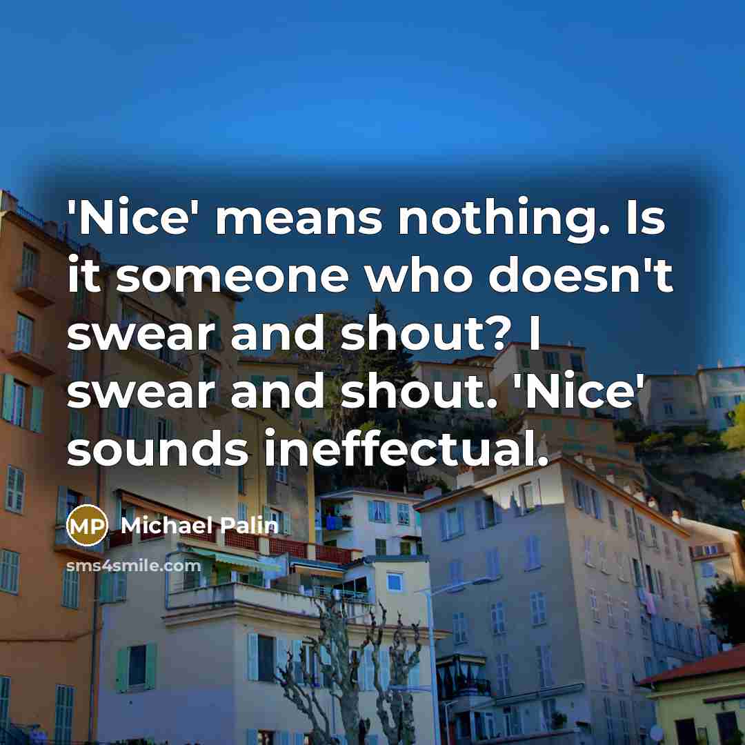 “'Nice' means nothing. Is it someone who doesn't swear and shout? I swear and shout. 'Nice' sounds ineffectual.” quote by Michael Palin