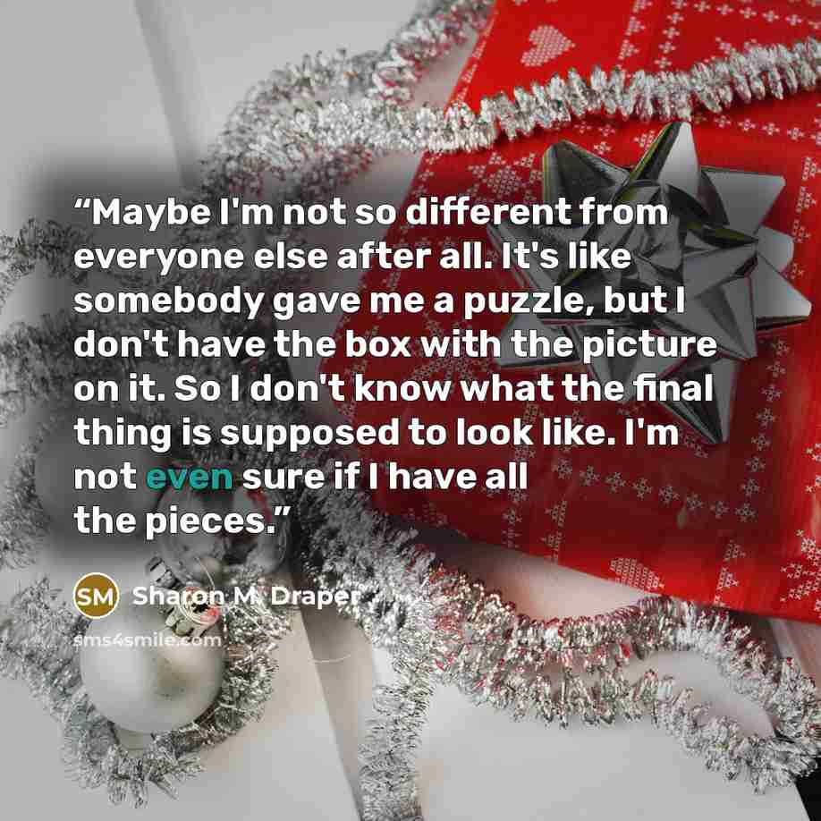 “Maybe I'm not so different from everyone else after all. It's like somebody gave me a puzzle, but I don't have the box with the picture on it. So I don't know what the final thing is supposed to look like. I'm not even sure if I have all the pieces.” quote by Sharon M. Draper