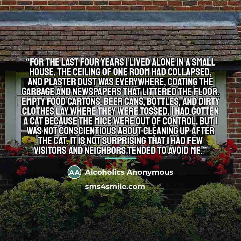 “For the last four years I lived alone in a small house. The ceiling of one room had collapsed, and plaster dust was everywhere, coating the garbage and newspapers that littered the floor. Empty food cartons, beer cans, bottles, and dirty clothes lay where they were tossed. I had gotten a cat…” quote by Alcoholics Anonymous