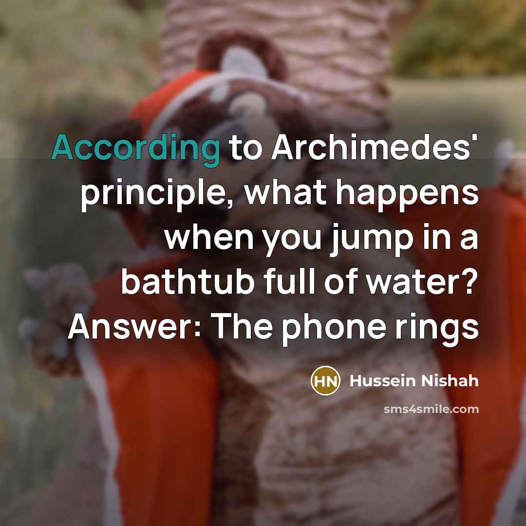 “According to Archimedes' principle, what happens when you jump in a bathtub full of water? Answer: The phone rings” quote by Hussein Nishah
