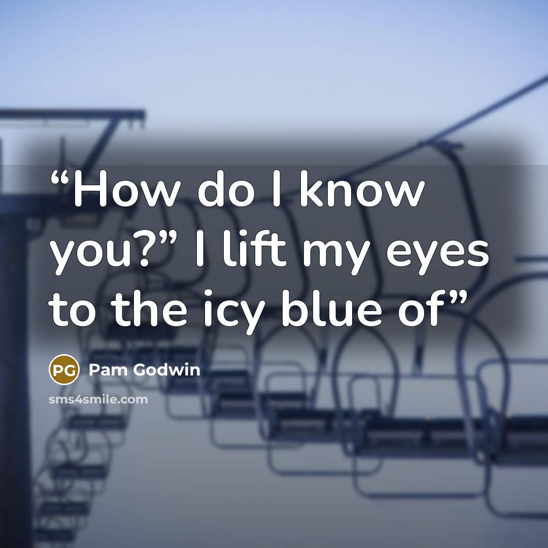 “How do I know you?” I lift my eyes to the icy blue of” quote by Pam Godwin