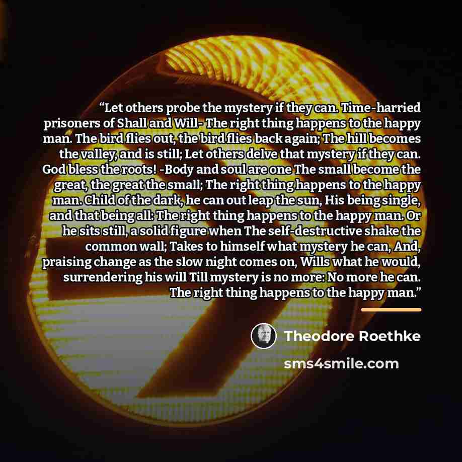 “Let others probe the mystery if they can. Time-harried prisoners of Shall and Will- The right thing happens to the happy man. The bird flies out, the bird flies back again; The hill becomes the valley, and is still; Let others delve that mystery if they can. God bless the roots! -Body and soul are…” quote by Theodore Roethke