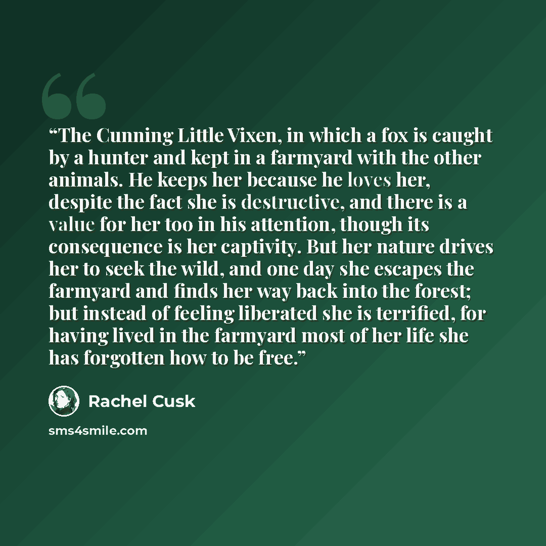 “The Cunning Little Vixen, in which a fox is caught by a hunter and kept in a farmyard with the other animals. He keeps her because he loves her, despite the fact she is destructive, and there is a value for her too in his attention, though its consequence is her captivity. But her nature drives…” quote by Rachel Cusk