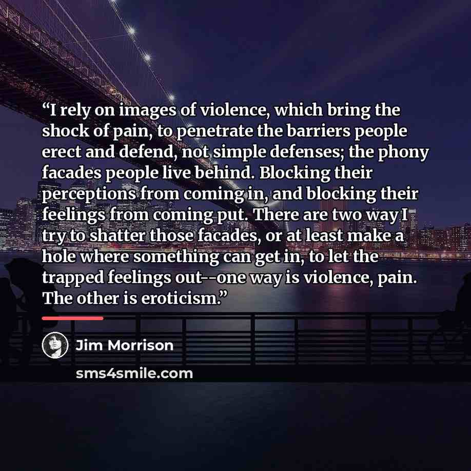 “I rely on images of violence, which bring the shock of pain, to penetrate the barriers people erect and defend, not simple defenses; the phony facades people live behind. Blocking their perceptions from coming in, and blocking their feelings from coming put. There are two way I try to shatter…” quote by Jim Morrison