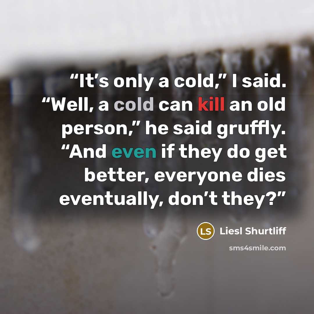 “It’s only a cold,” I said. “Well, a cold can kill an old person,” he said gruffly. “And even if they do get better, everyone dies eventually, don’t they?” quote by Liesl Shurtliff