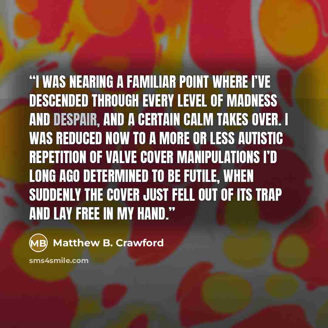 “I was nearing a familiar point where I’ve descended through every level of madness and despair, and a certain calm takes over. I was reduced now to a more or less autistic repetition of valve cover manipulations I’d long ago determined to be futile, when suddenly the cover just fell out of its…” quote by Matthew B. Crawford