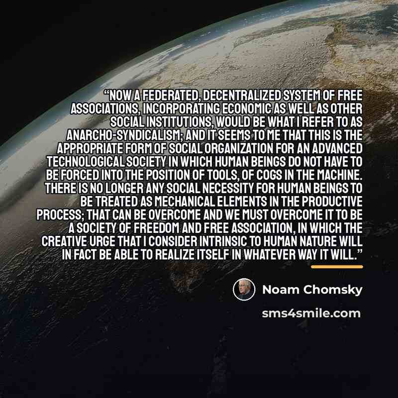 “Now a federated, decentralized system of free associations, incorporating economic as well as other social institutions, would be what I refer to as anarcho-syndicalism; and it seems to me that this is the appropriate form of social organization for an advanced technological society in which human…” quote by Noam Chomsky