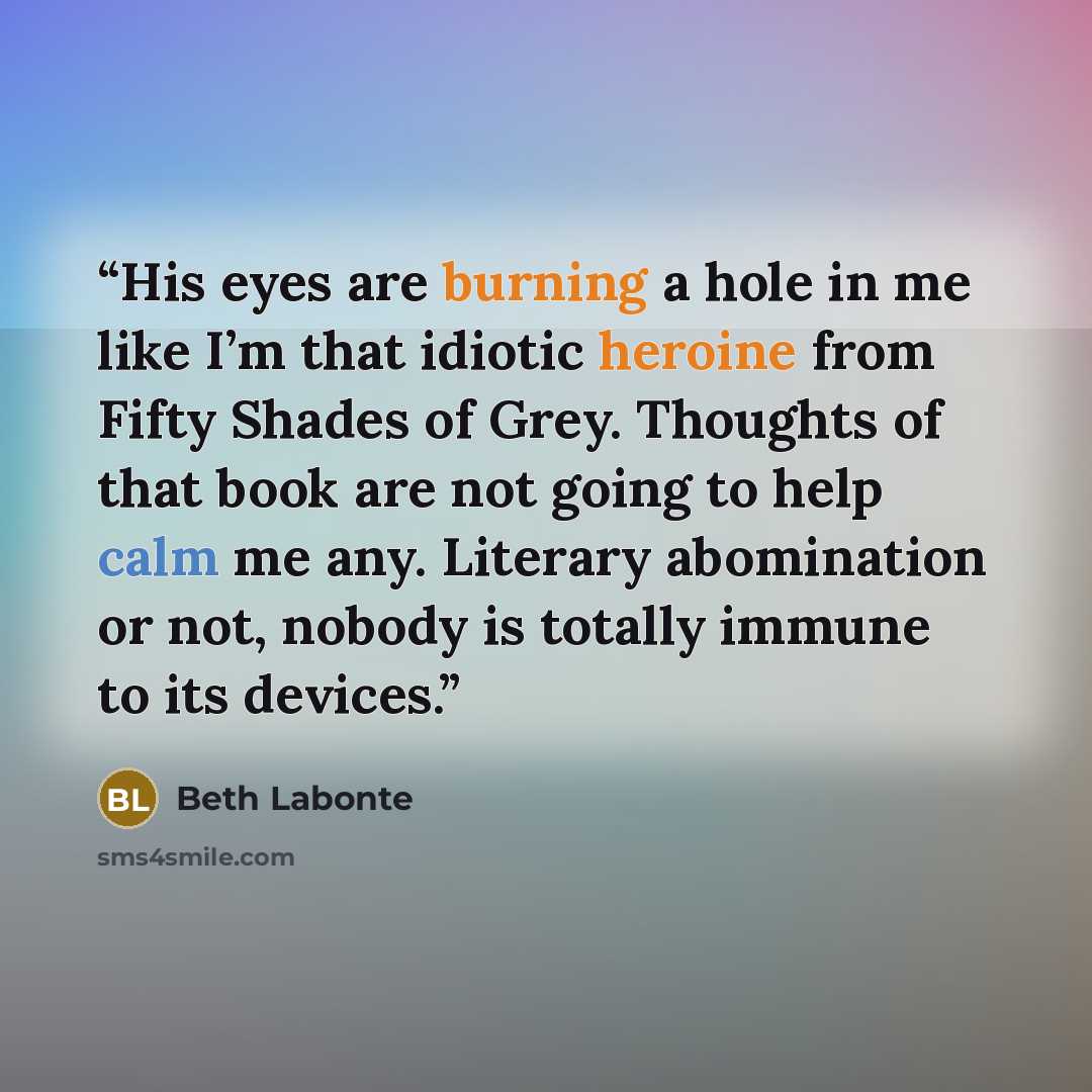 “His eyes are burning a hole in me like I’m that idiotic heroine from Fifty Shades of Grey. Thoughts of that book are not going to help calm me any. Literary abomination or not, nobody is totally immune to its devices.” quote by Beth Labonte