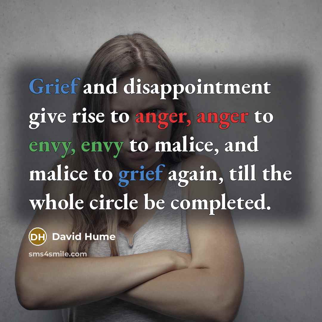 “Grief and disappointment give rise to anger, anger to envy, envy to malice, and malice to grief again, till the whole circle be completed.” quote by David Hume