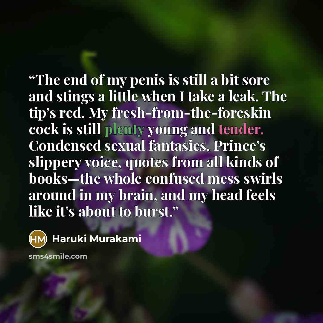 “The end of my penis is still a bit sore and stings a little when I take a leak. The tip’s red. My fresh-from-the-foreskin cock is still plenty young and tender. Condensed sexual fantasies, Prince’s slippery voice, quotes from all kinds of books—the whole confused mess swirls around in my brain…” quote by Haruki Murakami