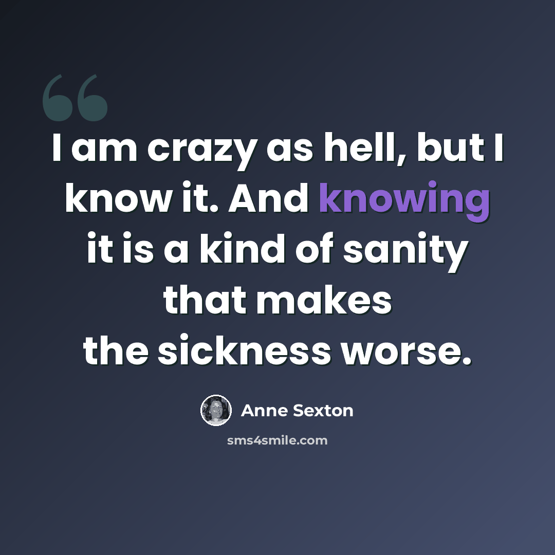 “I am crazy as hell, but I know it. And knowing it is a kind of sanity that makes the sickness worse.” quote by Anne Sexton