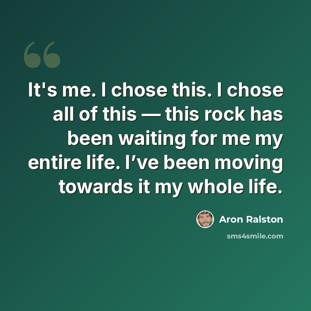 “It's me. I chose this. I chose all of this — this rock has been waiting for me my entire life. I’ve been moving towards it my whole life.” quote by Aron Ralston