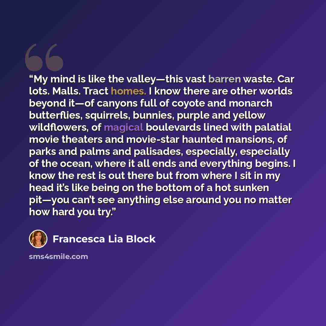“My mind is like the valley—this vast barren waste. Car lots. Malls. Tract homes. I know there are other worlds beyond it—of canyons full of coyote and monarch butterflies, squirrels, bunnies, purple and yellow wildflowers, of magical boulevards lined with palatial movie theaters and movie-star…” quote by Francesca Lia Block