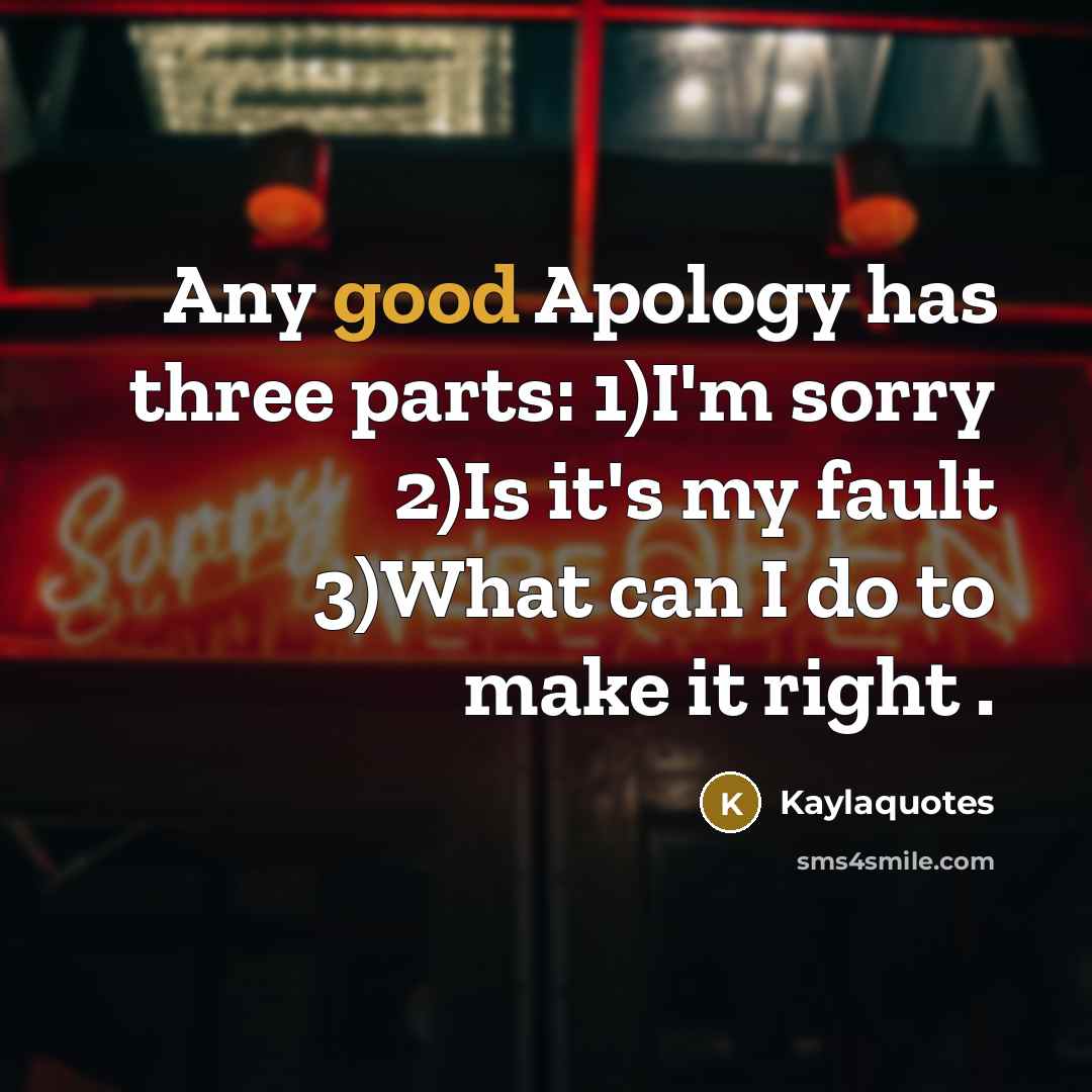 “Any good Apology has three parts: 1)I'm sorry 2)Is it's my fault 3)What can I do to make it right .” quote by Kaylaquotes