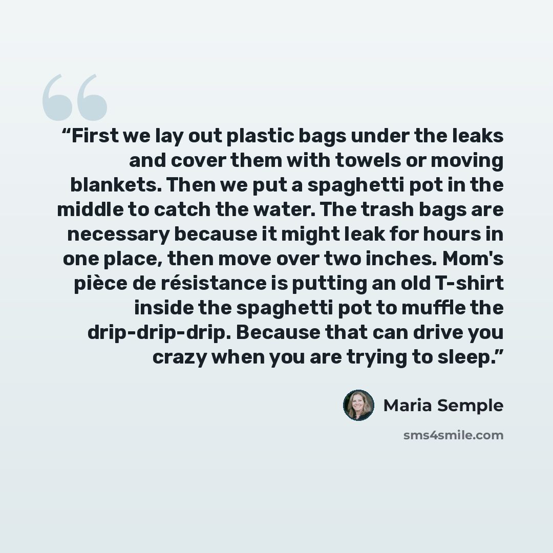 “First we lay out plastic bags under the leaks and cover them with towels or moving blankets. Then we put a spaghetti pot in the middle to catch the water. The trash bags are necessary because it might leak for hours in one place, then move over two inches. Mom's pièce de résistance is putting an…” quote by Maria Semple