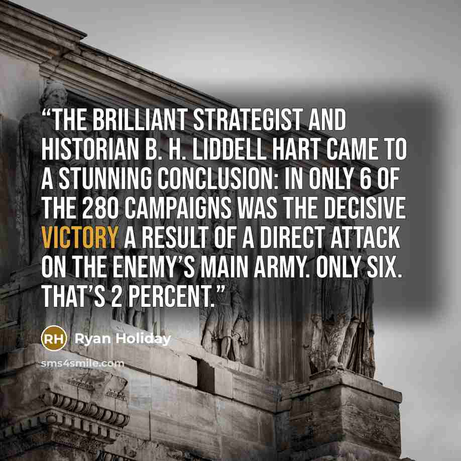 “the brilliant strategist and historian B. H. Liddell Hart came to a stunning conclusion: In only 6 of the 280 campaigns was the decisive victory a result of a direct attack on the enemy’s main army. Only six. That’s 2 percent.” quote by Ryan Holiday