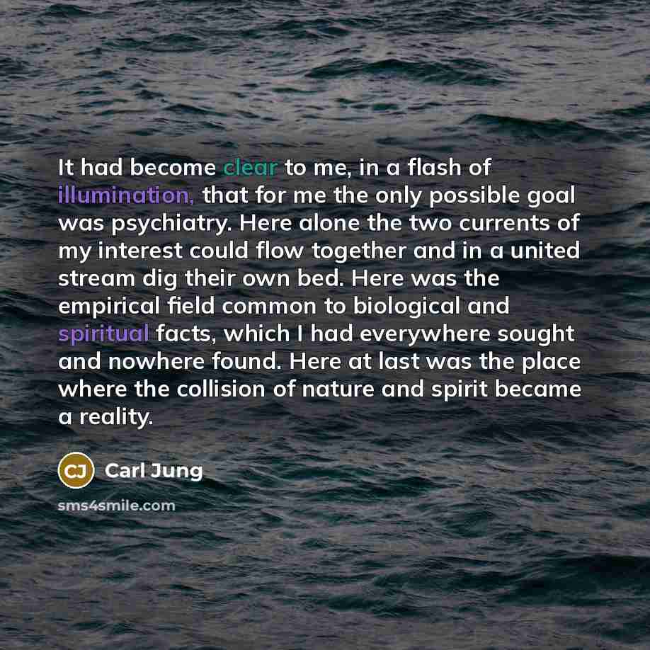 “It had become clear to me, in a flash of illumination, that for me the only possible goal was psychiatry. Here alone the two currents of my interest could flow together and in a united stream dig their own bed. Here was the empirical field common to biological and spiritual facts, which I had…” quote by Carl Jung