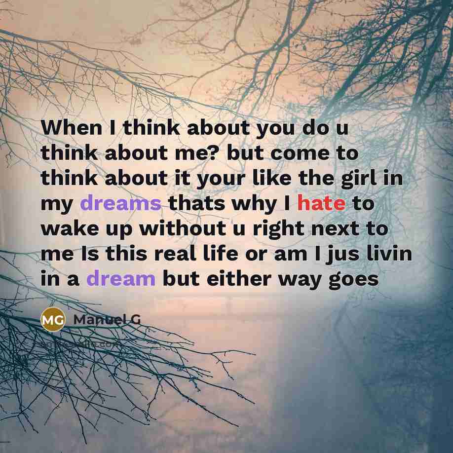 “When I think about you do u think about me? but come to think about it your like the girl in my dreams thats why I hate to wake up without u right next to me Is this real life or am I jus livin in a dream but either way goes” quote by Manuel G