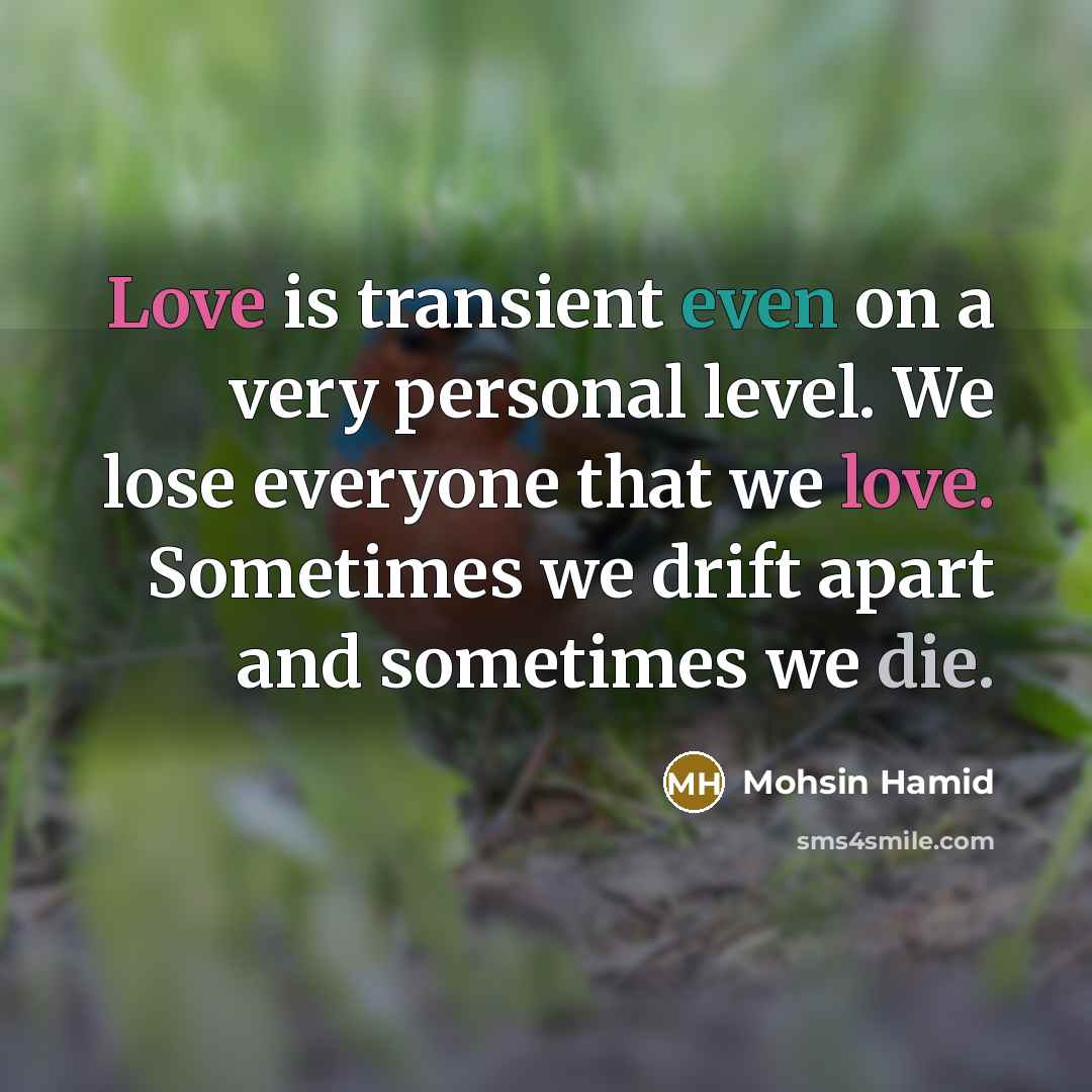 “Love is transient even on a very personal level. We lose everyone that we love. Sometimes we drift apart and sometimes we die.” quote by Mohsin Hamid