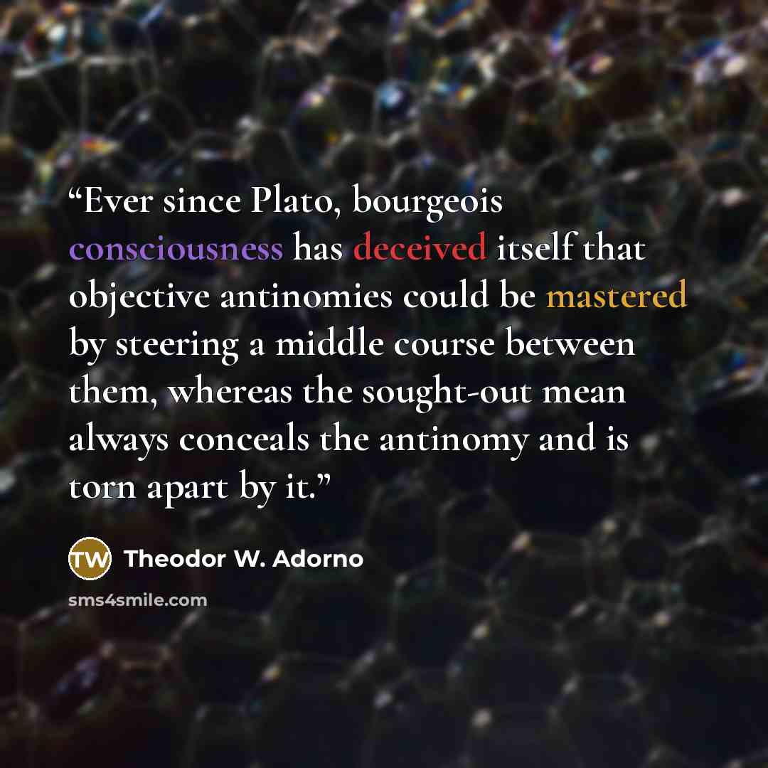“Ever since Plato, bourgeois consciousness has deceived itself that objective antinomies could be mastered by steering a middle course between them, whereas the sought-out mean always conceals the antinomy and is torn apart by it.” quote by Theodor W. Adorno