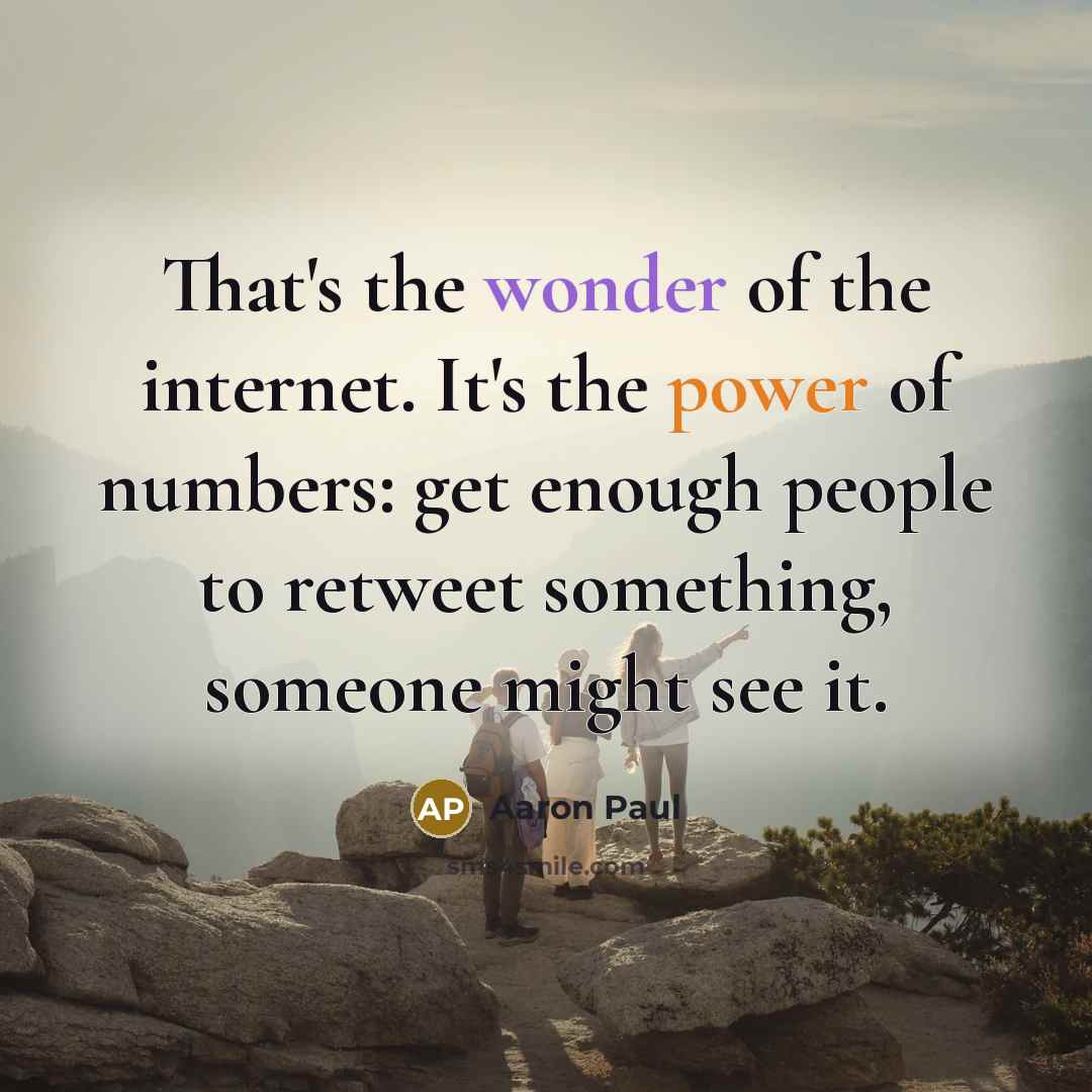 “That's the wonder of the internet. It's the power of numbers: get enough people to retweet something, someone might see it.” quote by Aaron Paul