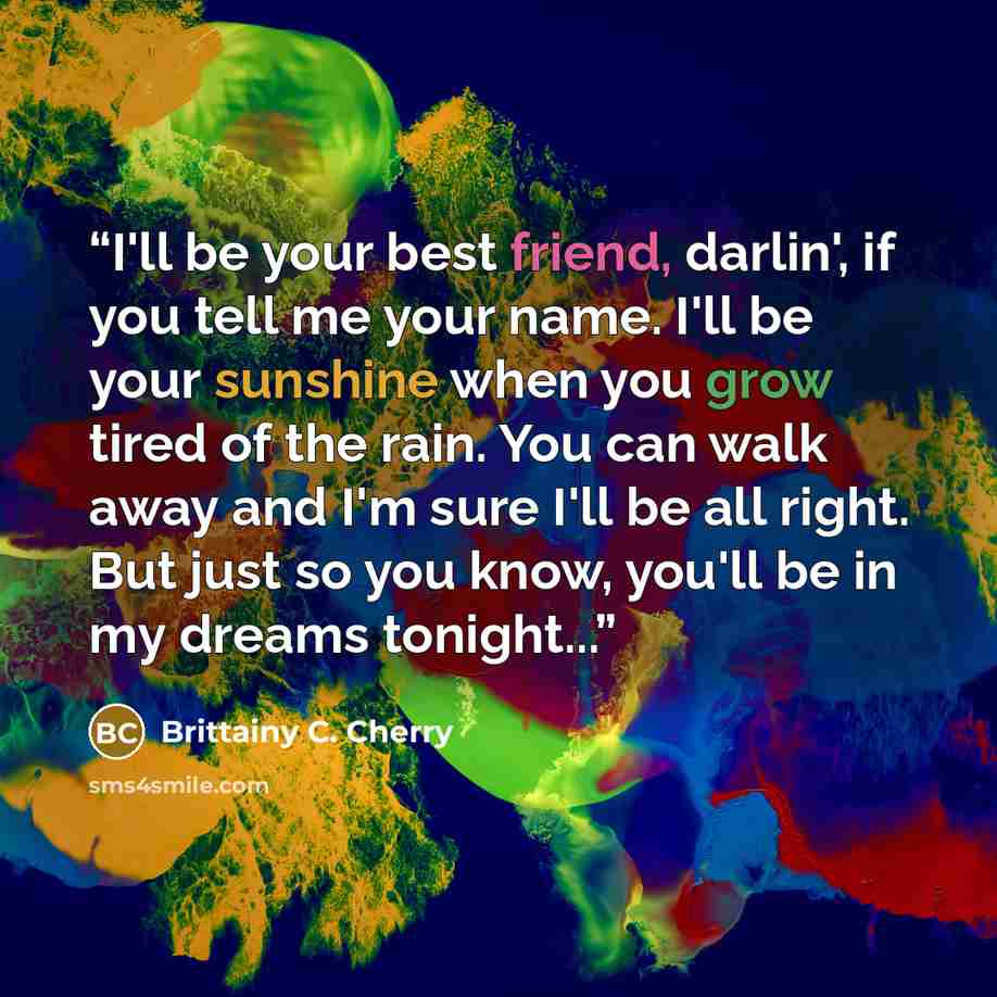 “I'll be your best friend, darlin', if you tell me your name. I'll be your sunshine when you grow tired of the rain. You can walk away and I'm sure I'll be all right. But just so you know, you'll be in my dreams tonight...” quote by Brittainy C. Cherry