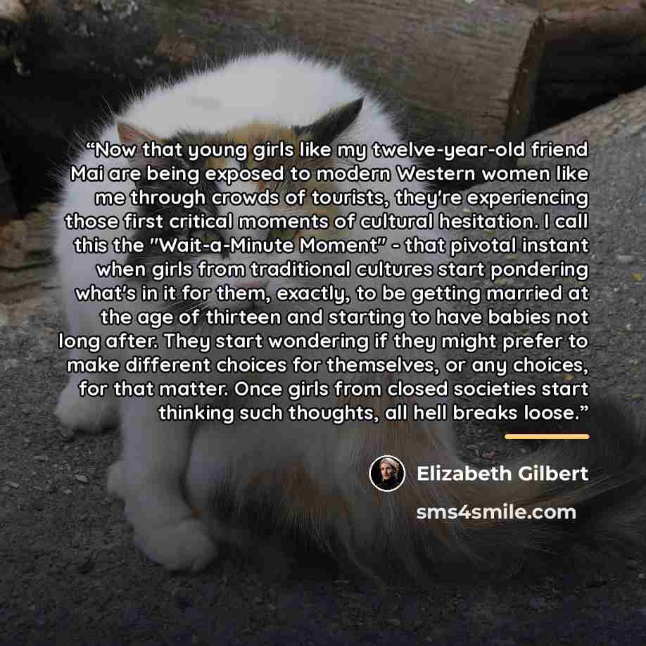 “Now that young girls like my twelve-year-old friend Mai are being exposed to modern Western women like me through crowds of tourists, they're experiencing those first critical moments of cultural hesitation. I call this the "Wait-a-Minute Moment" - that pivotal instant when girls from traditional…” quote by Elizabeth Gilbert