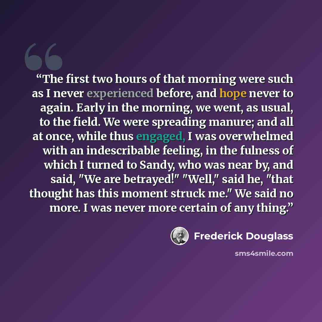 “The first two hours of that morning were such as I never experienced before, and hope never to again. Early in the morning, we went, as usual, to the field. We were spreading manure; and all at once, while thus engaged, I was overwhelmed with an indescribable feeling, in the fulness of which I…” quote by Frederick Douglass