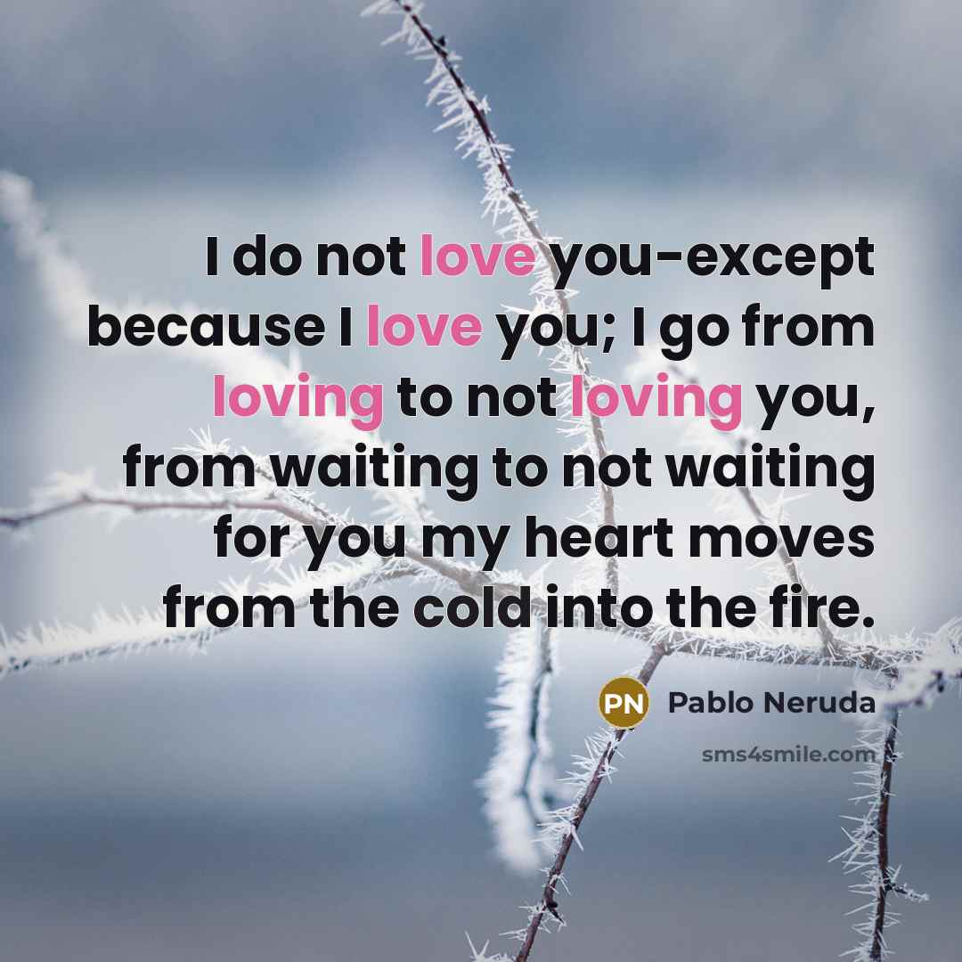 “I do not love you-except because I love you; I go from loving to not loving you, from waiting to not waiting for you my heart moves from the cold into the fire.” quote by Pablo Neruda