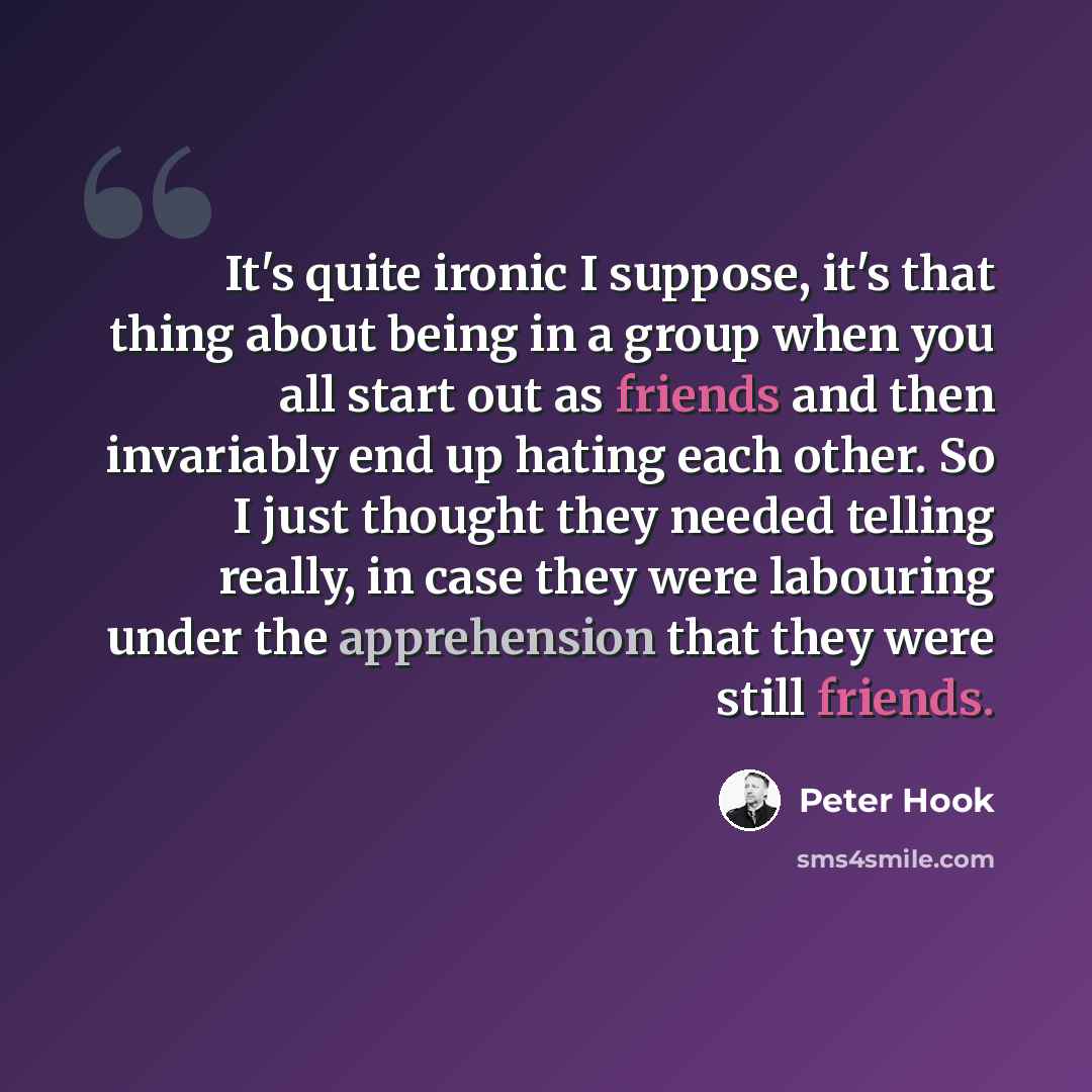 “It's quite ironic I suppose, it's that thing about being in a group when you all start out as friends and then invariably end up hating each other. So I just thought they needed telling really, in case they were labouring under the apprehension that they were still friends.” quote by Peter Hook