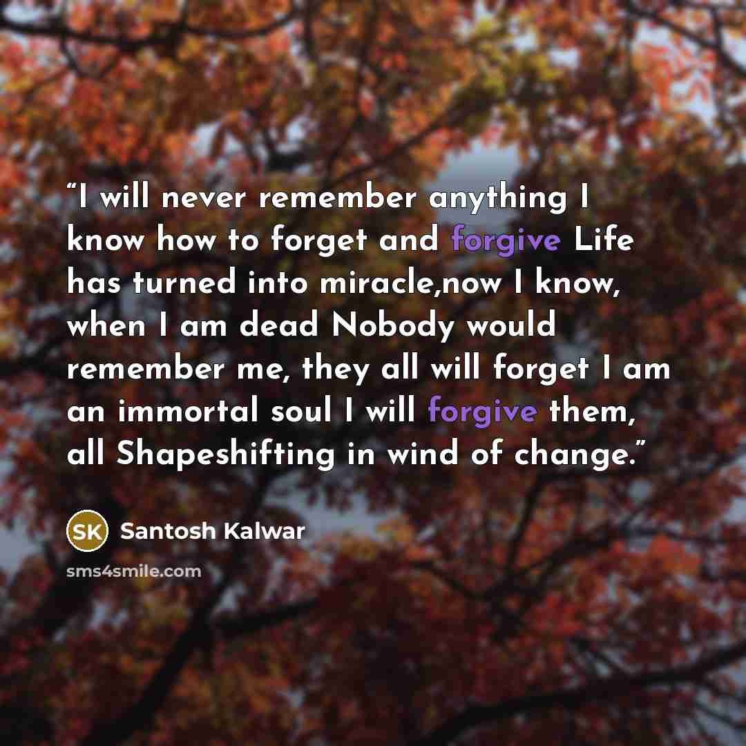 “I will never remember anything I know how to forget and forgive Life has turned into miracle,now I know, when I am dead Nobody would remember me, they all will forget I am an immortal soul I will forgive them, all Shapeshifting in wind of change.” quote by Santosh Kalwar