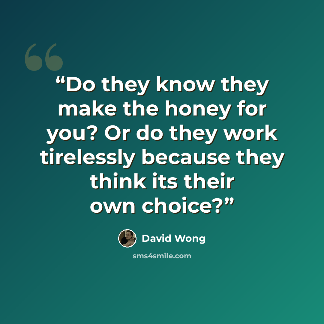 “Do they know they make the honey for you? Or do they work tirelessly because they think its their own choice?” quote by David Wong