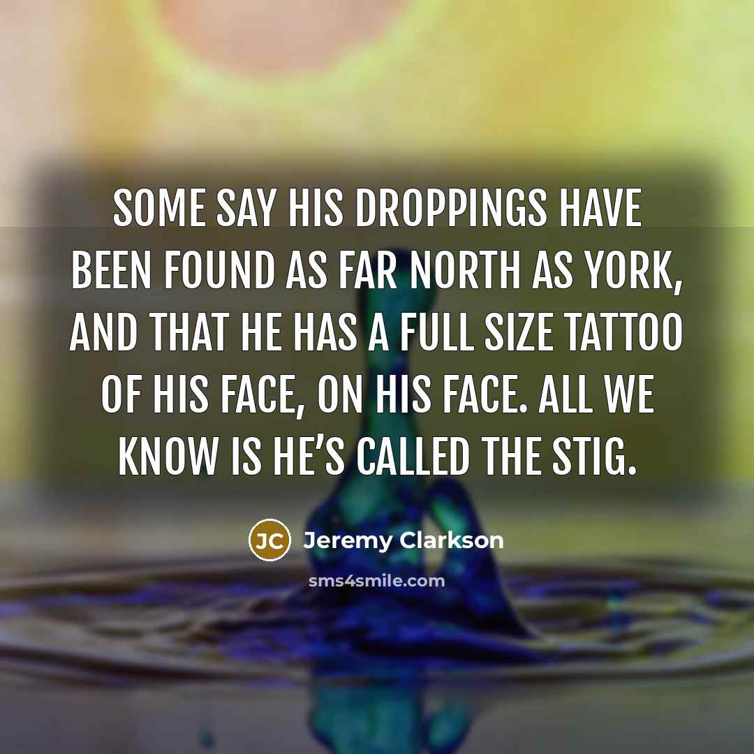 “Some say his droppings have been found as far north as York, and that he has a full size tattoo of his face, on his face. All we know is he’s called the Stig.” quote by Jeremy Clarkson